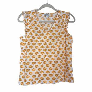 J. Crew Blouse Womens XS White Yellow Seashell Print Ruffled Sleeveless V-Neck